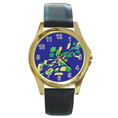 Blue Abstraction Round Gold Metal Watch by Valentinaart