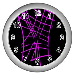 Neon Purple Abstraction Wall Clocks (silver)  by Valentinaart