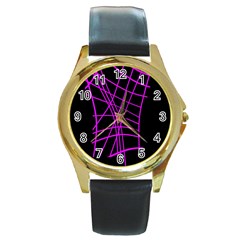 Neon Purple Abstraction Round Gold Metal Watch by Valentinaart