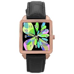 Green Abstract Flower Rose Gold Leather Watch  by Valentinaart