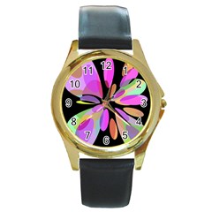 Pink Abstract Flower Round Gold Metal Watch