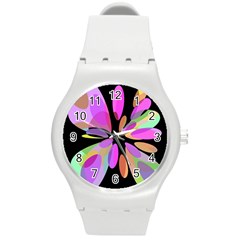 Pink Abstract Flower Round Plastic Sport Watch (m) by Valentinaart