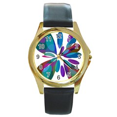 Blue Abstract Flower Round Gold Metal Watch by Valentinaart