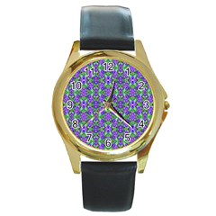 Pretty Purple Flowers Pattern Round Gold Metal Watch by BrightVibesDesign