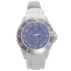 Pretty Purple Flowers Pattern Round Plastic Sport Watch (l) by BrightVibesDesign