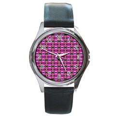 Pretty Pink Flower Pattern Round Metal Watch by BrightVibesDesign