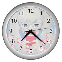 Gamegirl Girl Play With Star Wall Clocks (silver)  by kaoruhasegawa