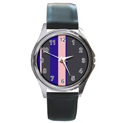 Purple, Pink And Gray Lines Round Metal Watch by Valentinaart