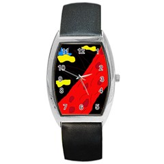 Red Abstraction Barrel Style Metal Watch by Valentinaart