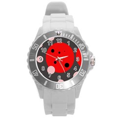 Red And Pink Dots Round Plastic Sport Watch (l) by Valentinaart