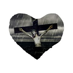 Jesus On The Cross At The Sea Standard 16  Premium Flano Heart Shape Cushions by dflcprints