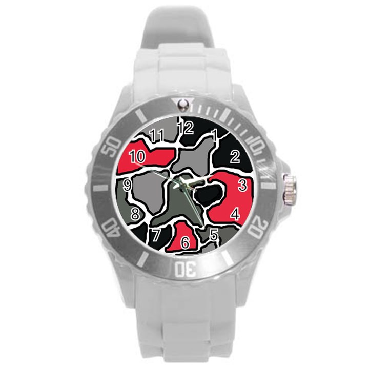 Black, gray and red abstraction Round Plastic Sport Watch (L)