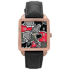 Black, Gray And Red Abstraction Rose Gold Leather Watch  by Valentinaart