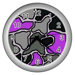 Purple And Gray Abstraction Wall Clocks (silver)  by Valentinaart