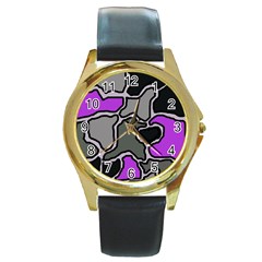 Purple And Gray Abstraction Round Gold Metal Watch by Valentinaart