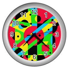 Colorful Geometrical Abstraction Wall Clocks (silver)  by Valentinaart