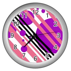 Purple Lines And Circles Wall Clocks (silver)  by Valentinaart