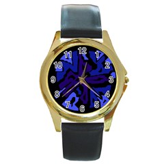 Deep Blue Abstraction Round Gold Metal Watch by Valentinaart