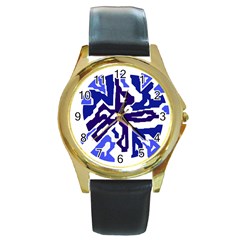 Deep Blue Abstraction Round Gold Metal Watch by Valentinaart