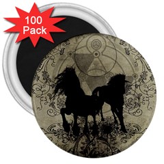 Wonderful Black Horses, With Floral Elements, Silhouette 3  Magnets (100 Pack) by FantasyWorld7