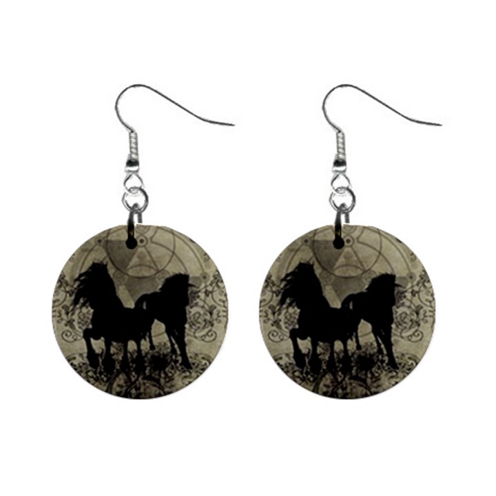 Wonderful Black Horses, With Floral Elements, Silhouette Mini Button Earrings