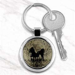 Wonderful Black Horses, With Floral Elements, Silhouette Key Chains (round)  by FantasyWorld7