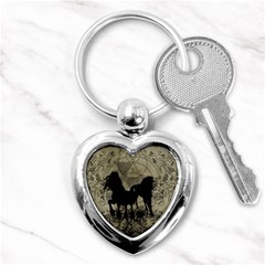 Wonderful Black Horses, With Floral Elements, Silhouette Key Chains (heart)  by FantasyWorld7