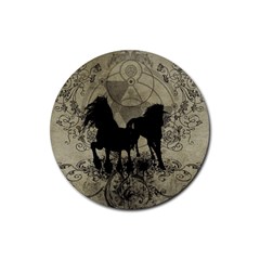 Wonderful Black Horses, With Floral Elements, Silhouette Rubber Coaster (round)  by FantasyWorld7