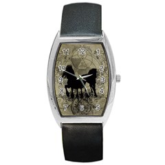 Wonderful Black Horses, With Floral Elements, Silhouette Barrel Style Metal Watch by FantasyWorld7