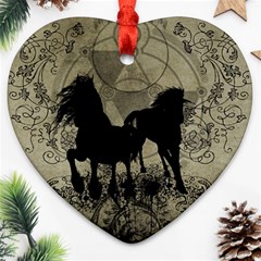 Wonderful Black Horses, With Floral Elements, Silhouette Heart Ornament (2 Sides) by FantasyWorld7