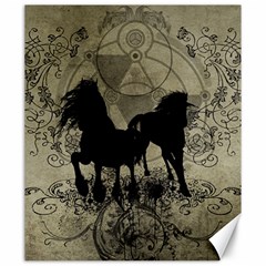 Wonderful Black Horses, With Floral Elements, Silhouette Canvas 20  X 24   by FantasyWorld7