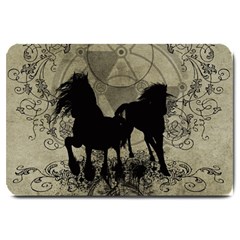 Wonderful Black Horses, With Floral Elements, Silhouette Large Doormat  by FantasyWorld7