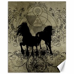 Wonderful Black Horses, With Floral Elements, Silhouette Canvas 11  X 14   by FantasyWorld7