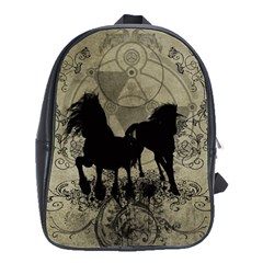 Wonderful Black Horses, With Floral Elements, Silhouette School Bags(large) 