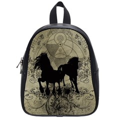 Wonderful Black Horses, With Floral Elements, Silhouette School Bags (small)  by FantasyWorld7