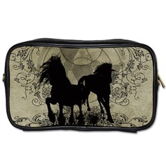 Wonderful Black Horses, With Floral Elements, Silhouette Toiletries Bags