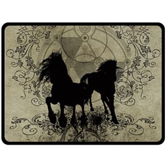 Wonderful Black Horses, With Floral Elements, Silhouette Fleece Blanket (large)  by FantasyWorld7