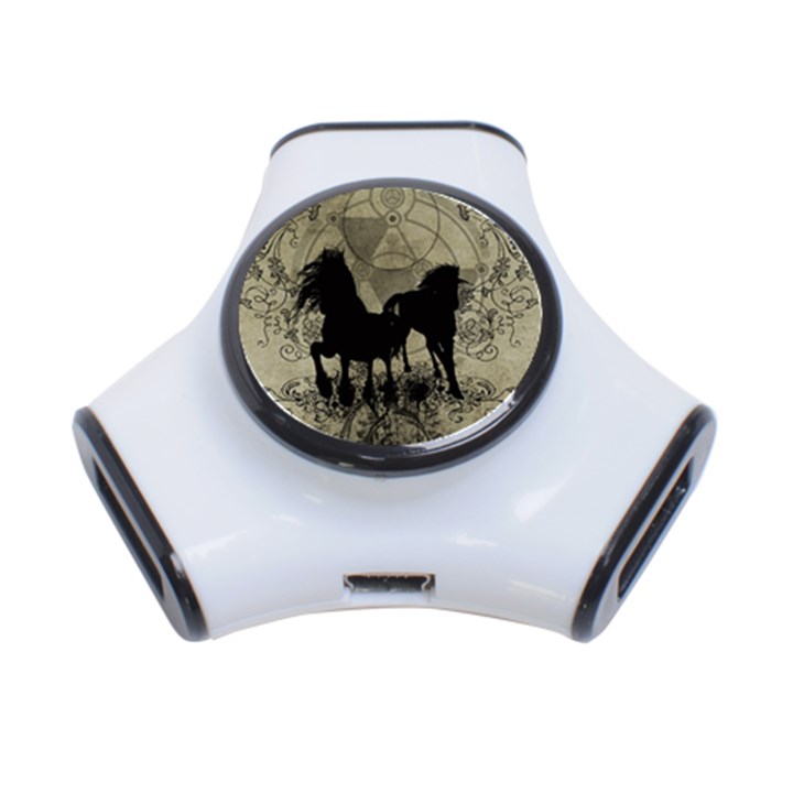 Wonderful Black Horses, With Floral Elements, Silhouette 3-Port USB Hub