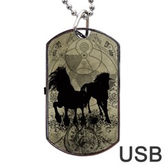 Wonderful Black Horses, With Floral Elements, Silhouette Dog Tag Usb Flash (one Side) by FantasyWorld7