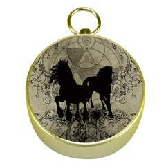 Wonderful Black Horses, With Floral Elements, Silhouette Gold Compasses by FantasyWorld7