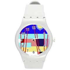 Abstract Landscape Round Plastic Sport Watch (m) by Valentinaart