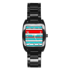 Blue, Red, And White Lines Stainless Steel Barrel Watch