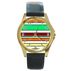 Green, Orange And Yellow Lines Round Gold Metal Watch by Valentinaart