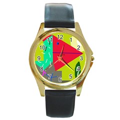 Abstract Bird Round Gold Metal Watch by Valentinaart