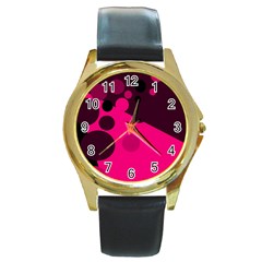 Pink Dots Round Gold Metal Watch by Valentinaart