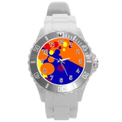 Blue And Orange Dots Round Plastic Sport Watch (l) by Valentinaart