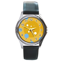 Blue And Yellow Moon Round Metal Watch by Valentinaart