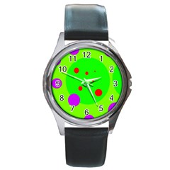 Green and purple dots Round Metal Watch