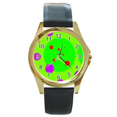 Green and purple dots Round Gold Metal Watch