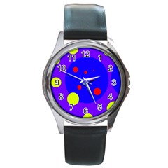 Purple And Yellow Dots Round Metal Watch by Valentinaart